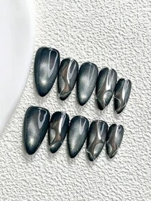 10片裝秋季深色貓眼手工穿戴甲，Polygel美甲套組，貓眼黑色指甲油，辣妹風，含美甲工具，3種尺寸可選，杏仁/鴨嘴/棺材形，適合派對、跳舞、日常配戴（手工細節可能有所不同） - 彩色 - 查看 13