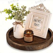 1pc Vintage Wooden Decorative Tray, Round Candle Holder Base, Farmhouse Tabletop Storage Tray, Suitable For Holiday, Birthday, Party Decoration - Brown - View 7