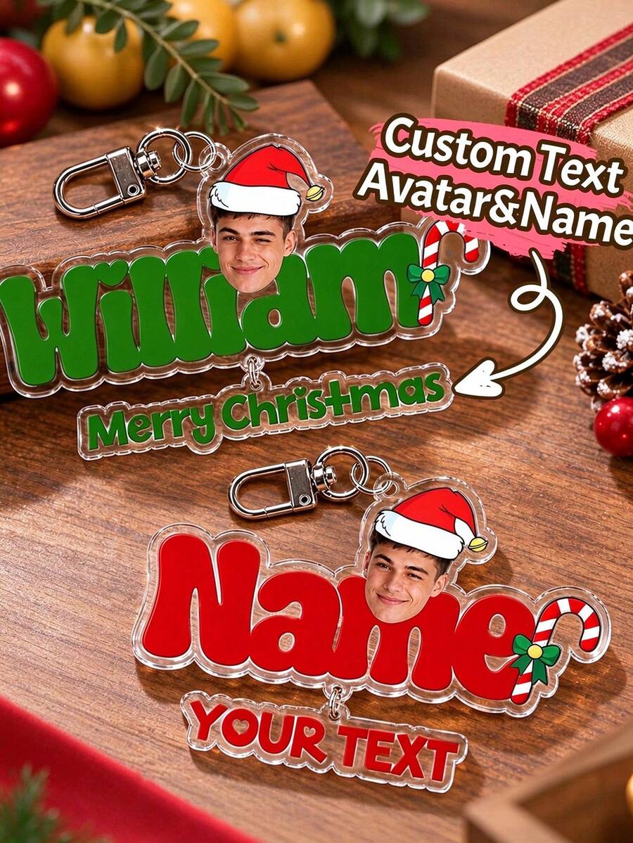 Personalized Christmas Keychain, Custom Name Acrylic Keyring, Photo Bag Charm, Gift For Kids Family Friends, Holiday Stocking Stuffer - Multicolor - View 1