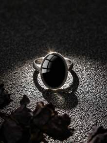 YUJUGLOW 1PC Minimalist Elegant Macaron Solid Color Pattern 316 Stainless Steel Oval Open Adjustable Ring Suitable For Women's Daily Wear - Black - View 6