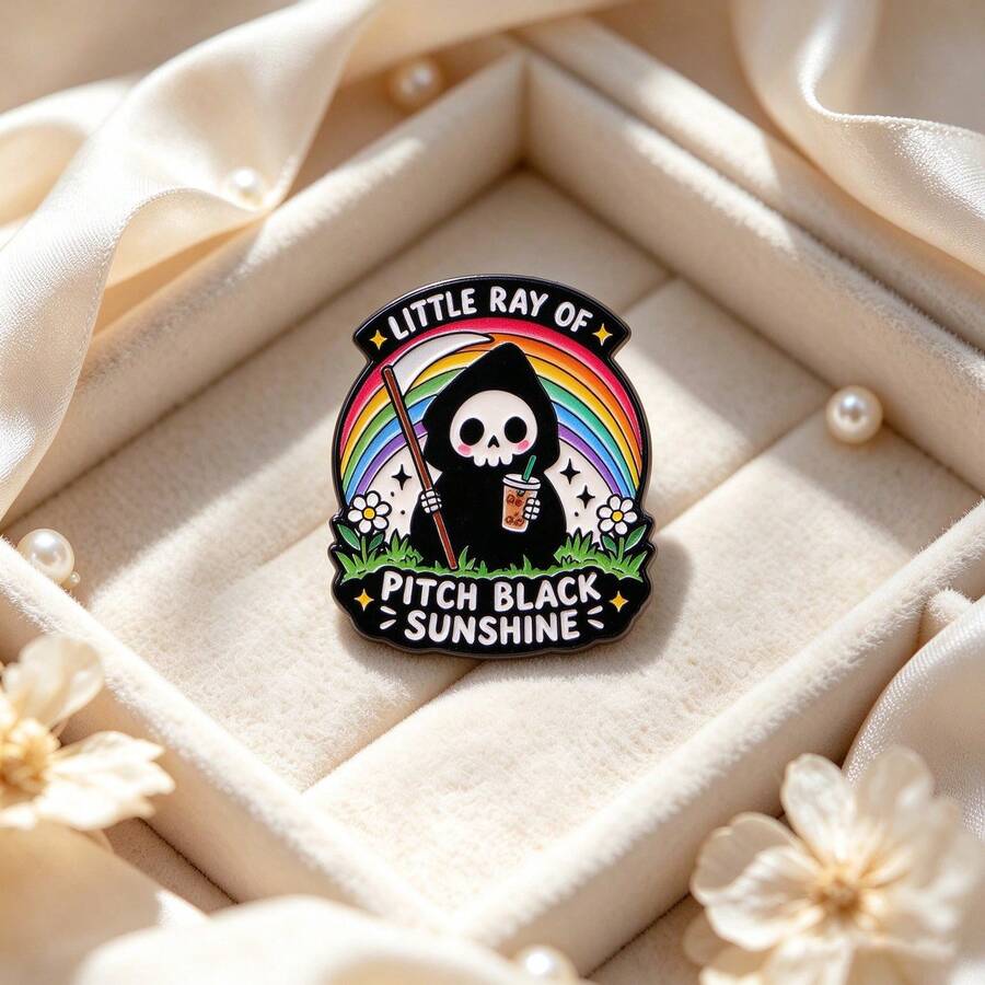 Cartoon Skeleton Death Lapel Pin, Funny Slogan "Little Ray Of Pitch Black Sunshine" Enamel Brooch, Metal Skull Badge For Backpack Jacket Hat, Fun Gift