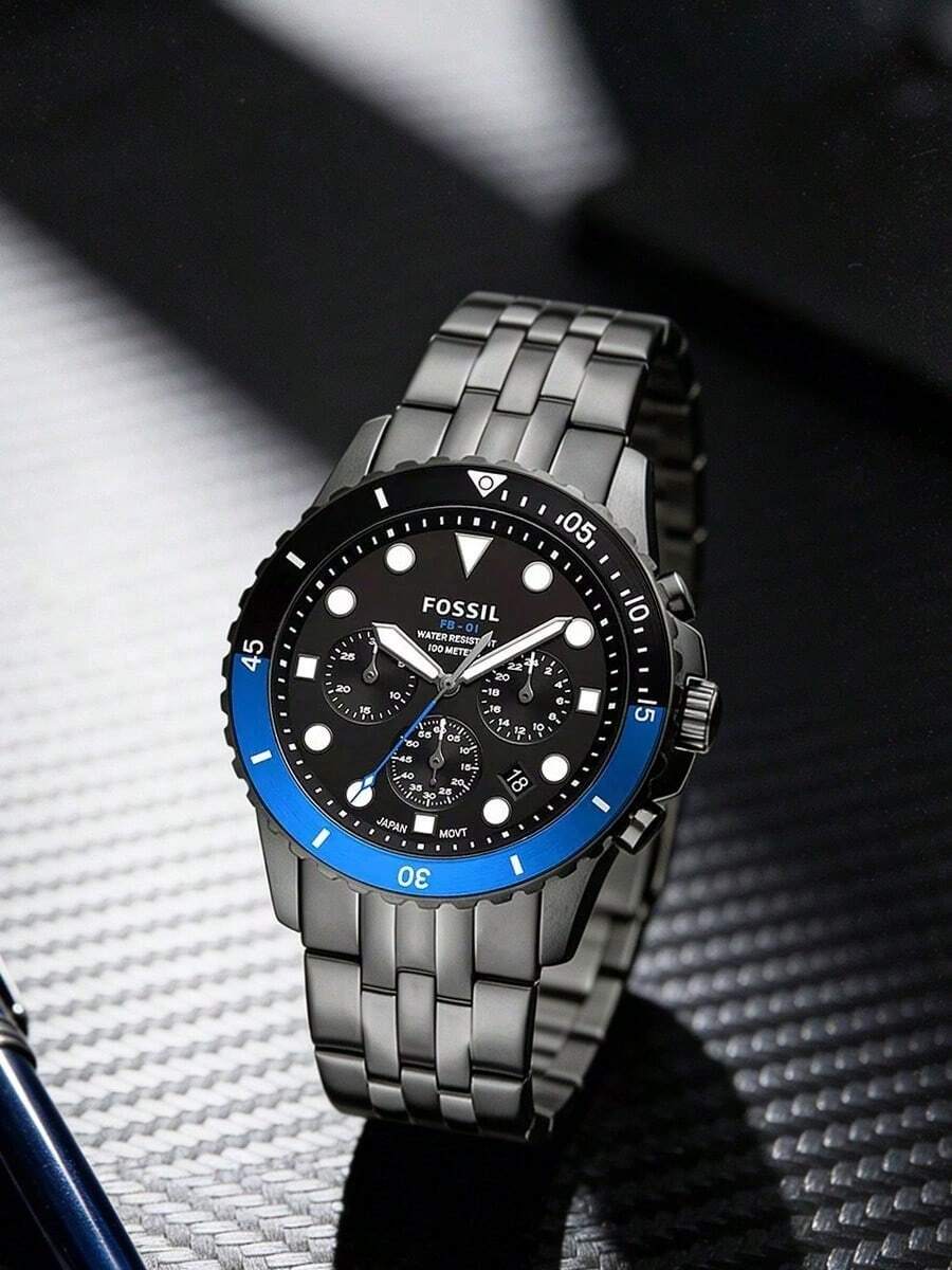 Jam Tangan Pria Fossil FS5835 Sport, Bezel Biru-Hitam, Tali Baja Bercahaya, Jam Tangan Kronograf Multifungsi - Hitam + Biru Tua - View 1