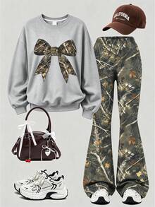 2pcs/Set Girls Outfit, Round Neck Sweatshirt With Bare Branch And Butterfly Print, Paired With Loose Flare Pants, Suitable For Autumn/Winter Wear - Grey - View 4