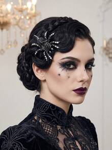 1pc Gothic Dark Style Rhinestone Spider Hair Clip, Shiny Rhinestone Alloy Alligator Hair Clip, Halloween Party Personalized Side Clip Hair Accessory, Halloween Exaggerated 3D Spider Hair Clip, Punk Style Black & White Rhinestone Alligator Hair Clip, Cool Girl Side Clip Hair Accessory - Black - View 5