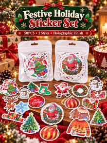 50 Sheets/Pack Vintage Christmas Waterproof Stickers, Holographic Laser Design Stickers, Festive Party Gift Decoration DIY Christmas Stickers - one-size - View 3