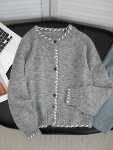 Korean Style Gentle Gray Button-Up Round Neck Long Sleeve Knit Cardigan Sweater, Loose Fit Slimming Design Outerwear Top For Women - Grey - View 7