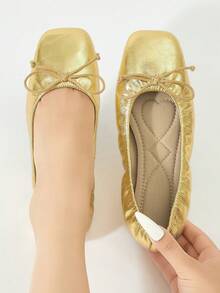 French Style Gold Bow Ballet Shoes, Shallow Square Toe Soft Sole Comfortable Shoes For Commuting And Dating, Ruched Women's Shoes - Gold - View 3