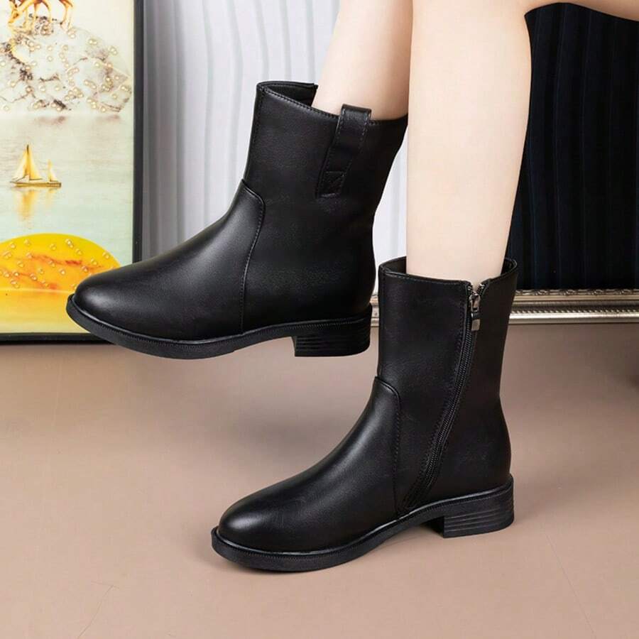 2026 Spring/Autumn New Single Layer Chunky Heel Ankle Boots British Style Fashion Versatile Low Heel - Black - View 1