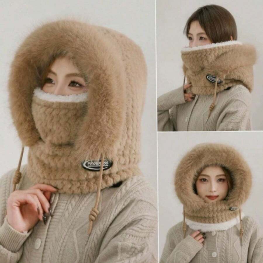 1pc Winter Thermal Lined Thick Hat, Hat Face Mask Scarf All-In-One, Windproof Face And Neck Protection, Plush Warm Skin-Friendly, Versatile For Outdoor Cycling And Commuting - Hat and Scarf Set - View 1