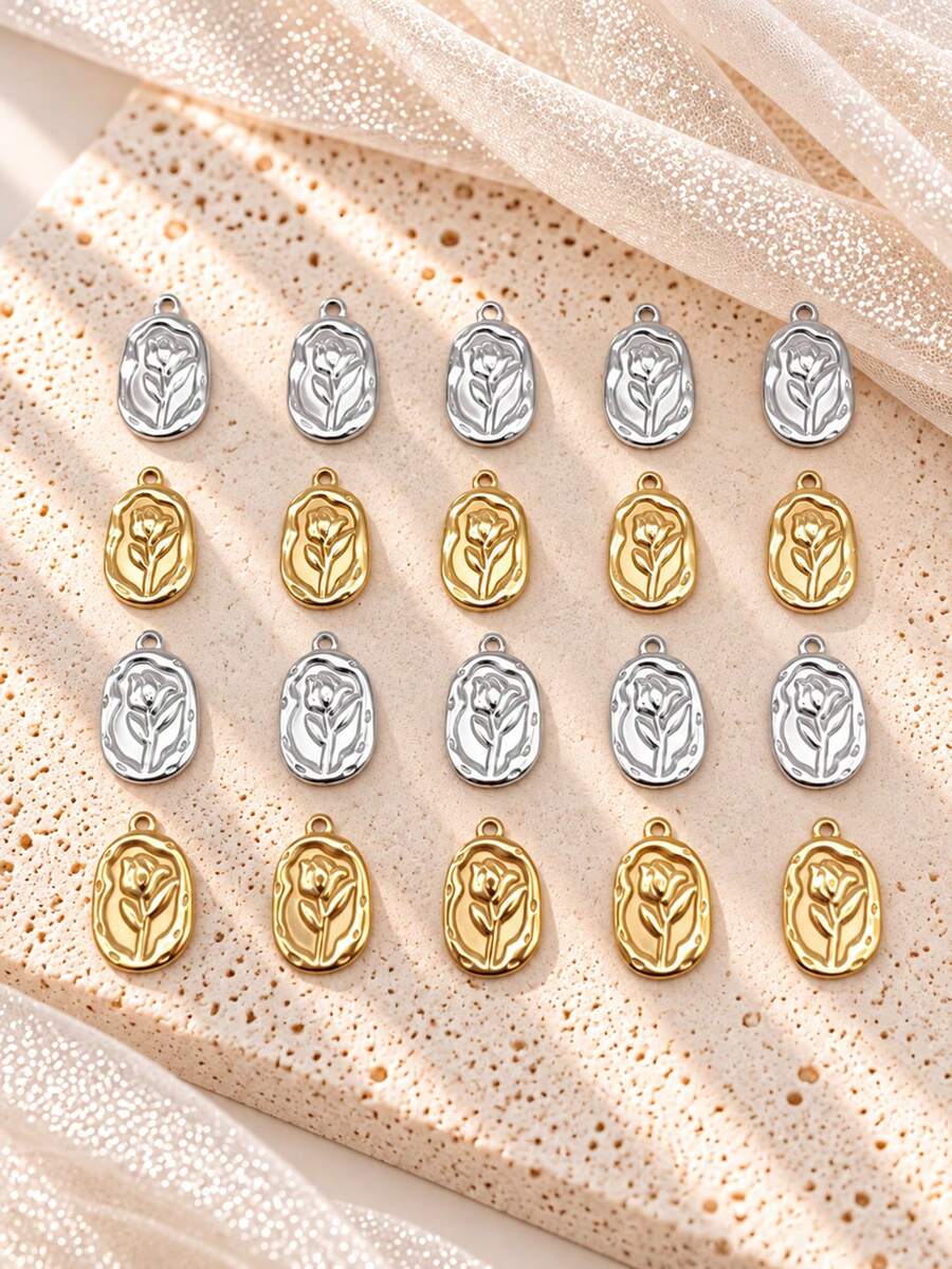 10pcs Stainless Steel 18K Gold Plated Oval Asymmetrical Tulip Flower Pendant Set, DIY Pendant High-End Design Necklace Earrings Bracelet Charm - Multicolor - View 1