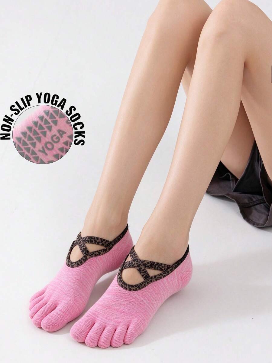 1 Pair Women Leopard Crisscross Strap Toe Separator Yoga Socks, Non ...