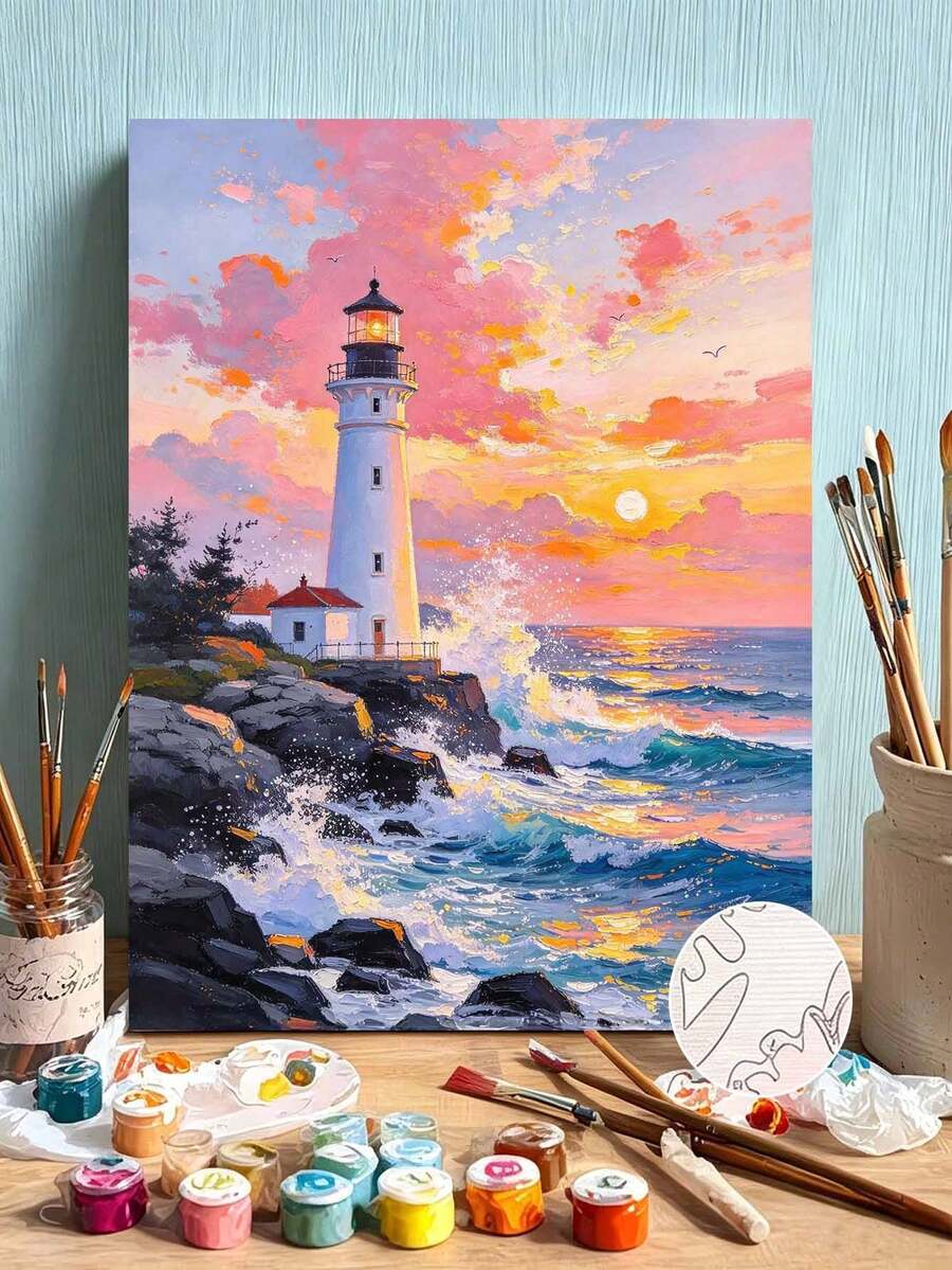 DIY Paint By Numbers Kit, Lighthouse On Rocky Coast At Sunset, Hand-Painted Oil Painting Canvas Wall Art Home Decor Gift - A - View 1