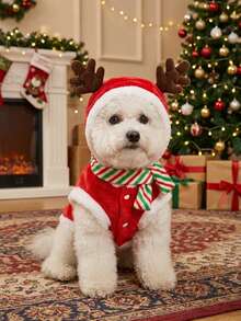 Personalized Dog Christmas Hoodie With Detachable Candy Stripe Scarf, Reindeer Antler Pet Sweatshirt, Customized Name Embroidered Winter Warm Puppy Clothes, Holiday Gift, Suitable For Small Dogs - Multicolor - View 2