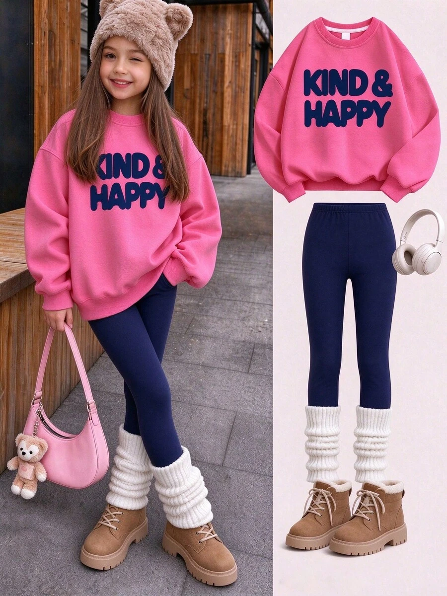 Girls' Sweatshirt Set, Letter Print Sweatshirt And Casual Crew Neck Sweatshirt Paired With Slim Fit Solid Color Pants, 2-Piece Set For Autumn/Winter Daily Wear - Hot Pink - View 1