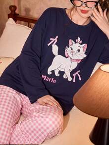 Gongdie 2pcs Disney Marie Women's Pajama Set, Autumn Pink Plaid Soft Cotton Loungewear With Pockets And Ruffle Trim - Royal Blue - View 3