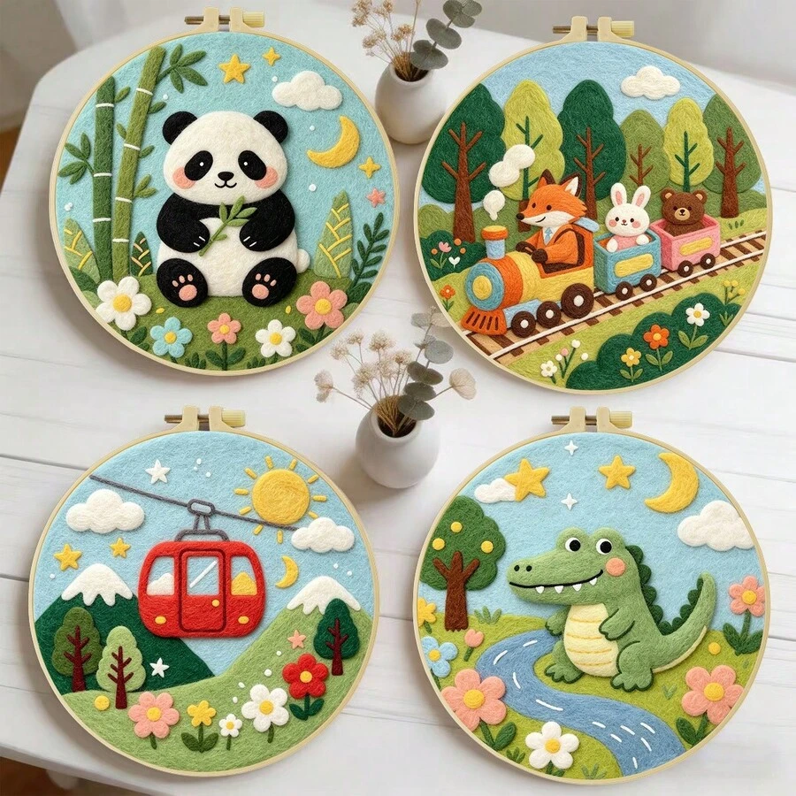 Needle Felting Kit For Beginners. 2D Flat Printing. Pandas And Crocodiles. For New & Skilled Crafters. DIY Wool Painting Set. Includes Foam Mat, Felt, Hoop & Guide. Handmade Home Decor Ornament. 20x20cm/7.87x7.87in.