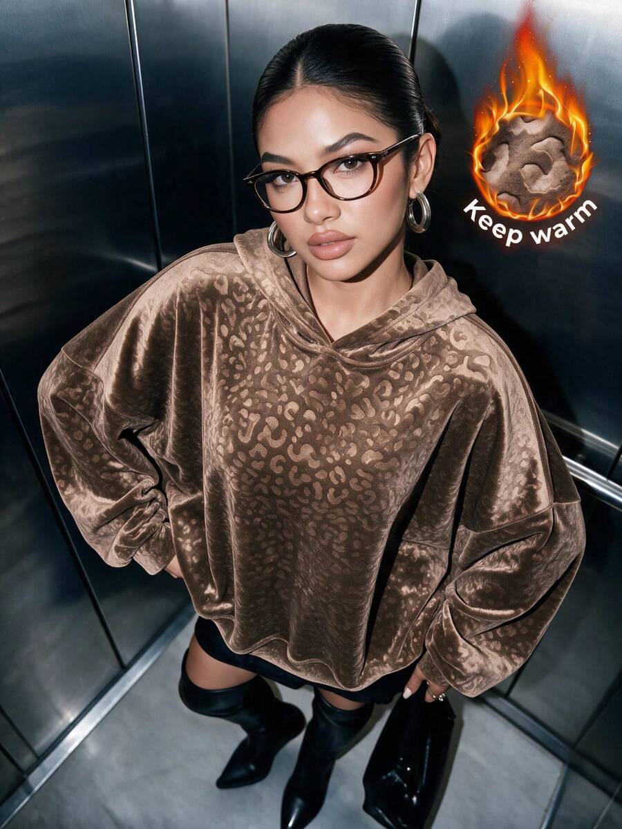 女款休閒壓紋豹紋法蘭絨長版寬鬆長袖連帽衫，日常秋冬女裝套裝