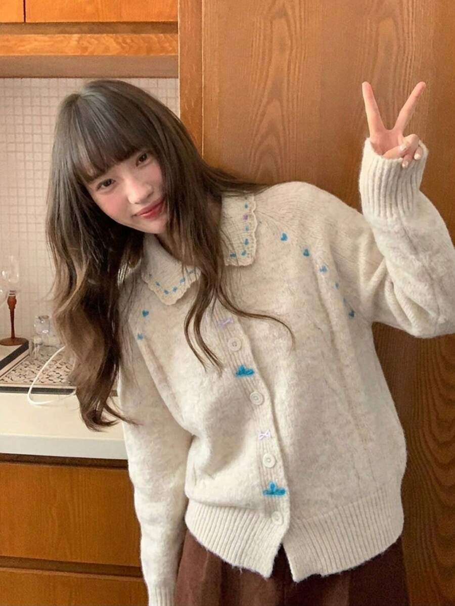 Women's Autumn/Winter New Lace Collar Patchwork Knit Cardigan Top - Apricot - View 1
