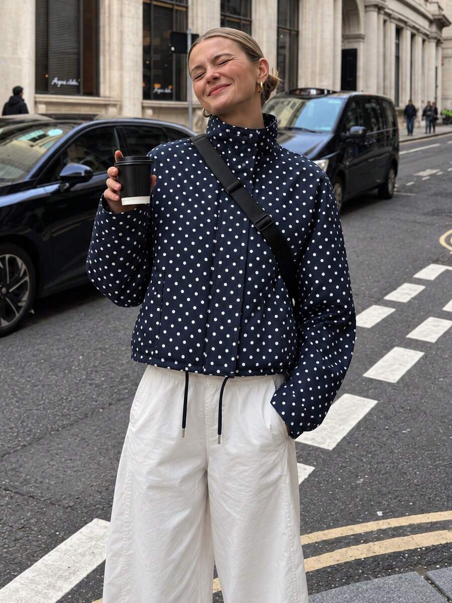 Polka Dot Jacket Fall Outfit For Women Cropped Bomber Jacket Long Sleeve Zip Up Coats Chic Mock Neck Streetwear Jacket Women - Navy Blue - View 1