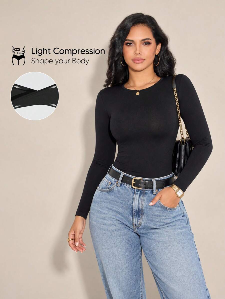 Women Long Sleeve Shirts Basic Tops Tight Slim Fit Clothes - Black - View 1