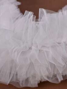 1Pc White Ruffled Tulle Off Shoulder Bridal Shrug, Tie Adjustable Shoulder Wrap, Wedding Gown Photoshoot Evening Party Cover Up - White - View 4