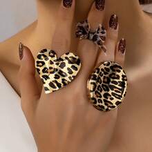 3pcs Fashionable Personalized Metal Printed Leopard Print Oval Bow Heart Rings Set For Women - Leopard - View 1