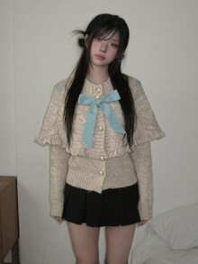 Bộ áo cardigan len vặn thừng nữ dễ thương có nơ trước, ấm áp cho mùa thu - Màu Khaki - Xem 11