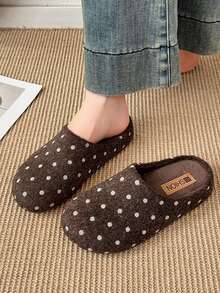Women's Flat Coffee Brown Polka Dot Design Fashion Versatile Home Slippers Autumn/Winter New Closed Toe Plush Slip-On Comfortable Fuzzy Slippers - Coffee Brown - View 3