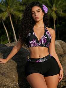Atutua Women's Floral Print Casual Elegant Backless Tie Knot Bikini Set, Suitable For Beach Holiday Vacation Summer - Purple - View 1