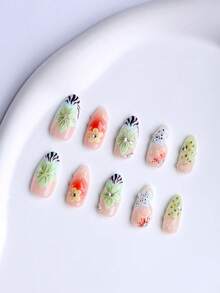 10Pcs Almond Handmade Press On Nails For Women, Fall 3D Embossed Painted Floral False Nails, Orange Green Nude Tone Flower Art Design With Sparkly Rhinestone Inlay, French Tip Fake Nails Kit For Daily Wear Dating Party Thanksgiving. - Multicolor - View 10