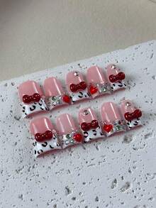 10pcs High-End Sweet Girl Style, Hand-Painted Leopard Print, Three-Dimensional Bow, Heart Shape, Fine Glittering Diamond Dots Handmade Fake Nails, New Year And Christmas Gifts. - Baby Pink - View 5