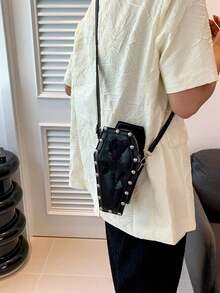 Mini Fashion Rivet Punk Style Floral Embossed Women's Bag, Personalized Cool Rhombus Coffin-Shaped Shoulder Crossbody Bag, PU Material - Black - View 2