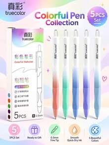 5pcs Macaron Gradient Color Gel Pen Set, 0.5mm Black Ink, Retractable Quick-Dry Gel Pens, Smooth Writing, Comfortable Soft Rubber Grip Design, Fresh Morandi Color Palette, Suitable For Students' Practice, Exams, Classroom Notes, Office Writing And Daily Learning Stationery - Sets - View 6