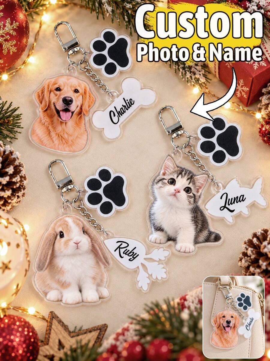 Gantungan Kunci Foto Cakar Hewan Peliharaan Kustom, Gantungan Kunci Anjing Kucing yang Dipersonalisasi, Hiasan Tas Lucu, Gantungan Kunci Nama Hewan Peliharaan yang Disesuaikan, Hadiah Natal yang Dapat Disesuaikan untuk Pecinta Hewan Peliharaan - MultiWarna - View 1
