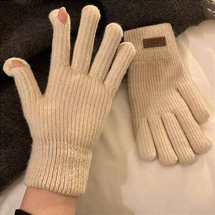女款針織保暖手套,冬季防寒,保暖內裡,加厚,糖果色,露指,騎行適用,觸控螢幕兼容 - 杏色2 - 查看 1