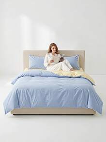 Veyra Day 3pcs Cotton Reversible Duvet Cover Set, Light Blue & Cream Yellow Solid Color Bedding Set With Pillow Shams, Soft Breathable Comforter Cover (No Insert) - Cream yellow + sky blue - View 2