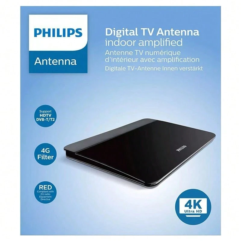 Philips inomhusantenn med 4G-filtrering, 41 dB, ultrafin design och förstärkningskontroll. Idealisk för att förbättra mottagningen av digital-TV DVB-T/T2 och 4K UHD. Garanterad kvalitet - EU F-typkontakt (220-240V) - Visa 1