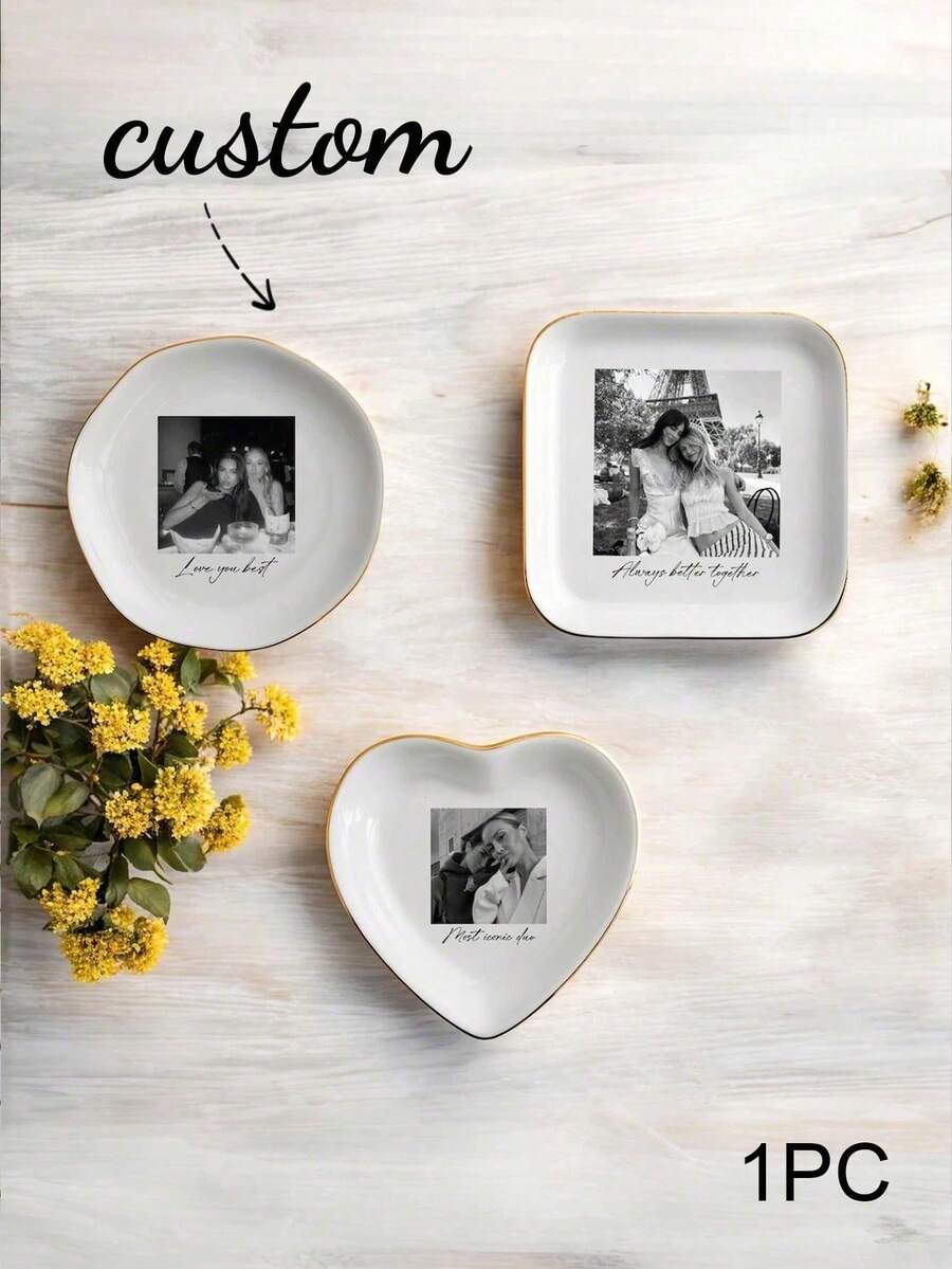 Home / Home Life / Storage & Organization / Customized Jewelry Box & Storage / Customized Jewelry Tray / 1pc Customized Jewelry Tray, Ceramic Ring Dish, Best Friend Photo Jewelry Tray, Customizable Photo And Personalized Text - Multicolor - View 1