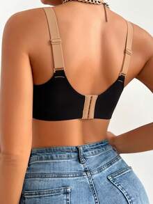 Seamless Bra Deep V Wireless Bralette Breathable Mesh Contrast Straps Adjustable Back Closure Casual Comfortable Lingerie - Black - View 4