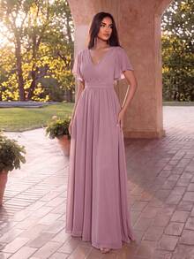 EVERPRETTY Butterfly Sleeve Pleated Chiffon Light Pink Bridesmaid Dress, Elegant Wedding Guest Dress, Spring Semi-Formal Dress - Dusty Pink - View 2