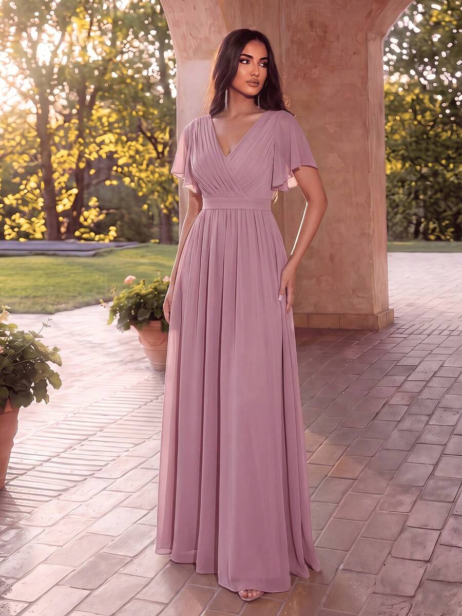 EVERPRETTY Butterfly Sleeve Pleated Chiffon Light Pink Bridesmaid Dress, Elegant Wedding Guest Dress, Spring Semi-Formal Dress