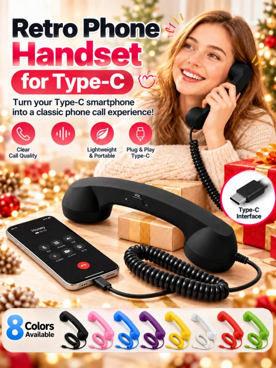New Retro Phone Handset For Type-C , Wired Retro Phone Handset, Built-In Microphone, Volume Control, Coiled Cord, Type-C Classic Wired Plug In Handheld Cell Phone For Calls, Mobile Video Conferences, Meetings - View 1