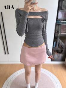 ARA CHIC Women's Dark Gray Pure Charming Style Hollow Strap Sweater, Sweet Pure Charming Style Knitted Top, Winter New Arrival - Dark Grey - View 7