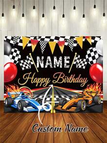 Customizable Name Racing Car Theme Happy Birthday Backdrop, Racing Flame Black & White Checkered Flag Balloon Decor Design, Suitable For Racing Car Theme Happy Birthday Cake Table Background Decoration Photography Banner Vinyl - Black - View 2