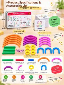 Colorful Wooden Creative Puzzle Educational Toy! Follow The Prompt Cards To Assemble Fun Patterns, Or Freely Create Your Own Designs. Comes With 40 Double-Sided Learning Cards To Help Recognize English Words. Smoothly Polished Wooden Material Without Burrs, Metal Box For Convenient Storage, Develops Children's Imagination And Hands-On Ability - Multicolor - View 2