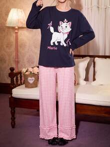 Gongdie 2pcs Disney Marie Women's Pajama Set, Autumn Pink Plaid Soft Cotton Loungewear With Pockets And Ruffle Trim - Royal Blue - View 11