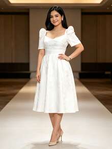 Elegant Women's Sweetheart Neckline Short Sleeve Dress - White - View 5