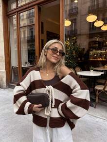 SEREN Autumn/Winter New Vintage Color-Block Wide Stripe Sweater Cardigan, Loose Casual Tie-Front Long Sleeve Knit Top, Suitable For Daily Wear - Multicolor - View 1