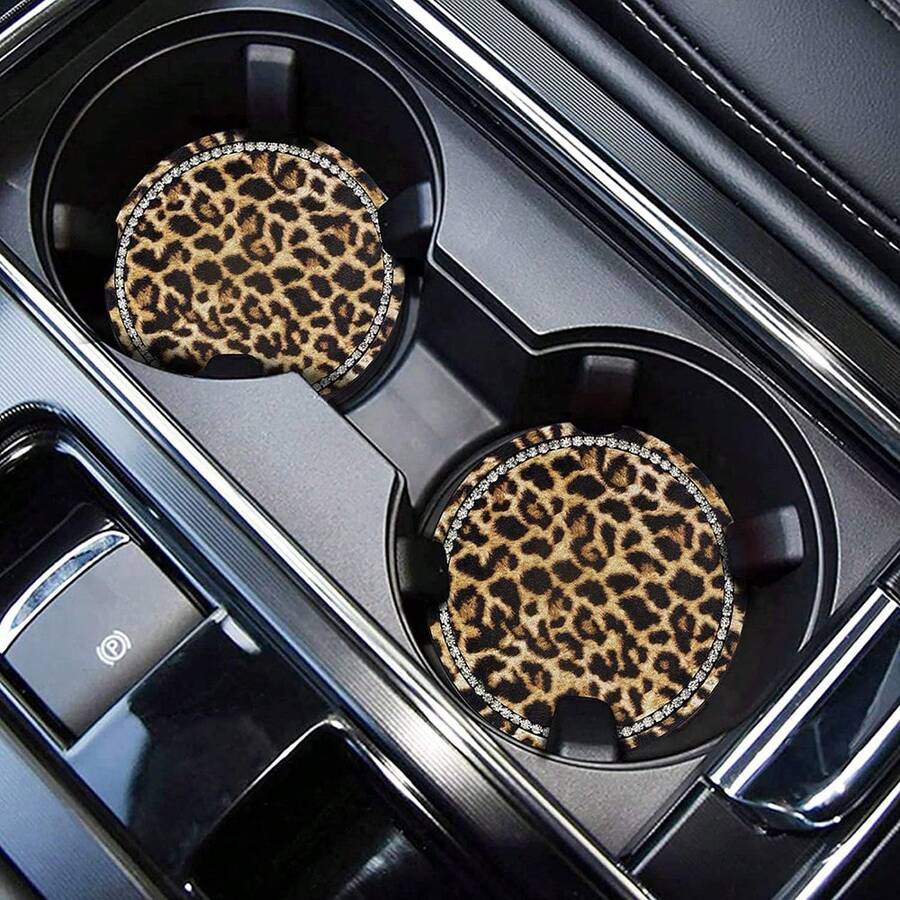 2pcs Leopard Print Rhinestone Non-Slip Cup Coasters, Anti-Slip And Dirt-Resistant, Car Interior Decoration Pads, Suitable For Most Vehicles - A - View 1