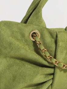 1pc Matcha Green Large Bow Handbag, Textured Velvet Pleated Bag With Chain Strap, Shoulder Bag, Sweet & Spicy Style For Shopping, Dating, Afternoon Tea - Green - View 8
